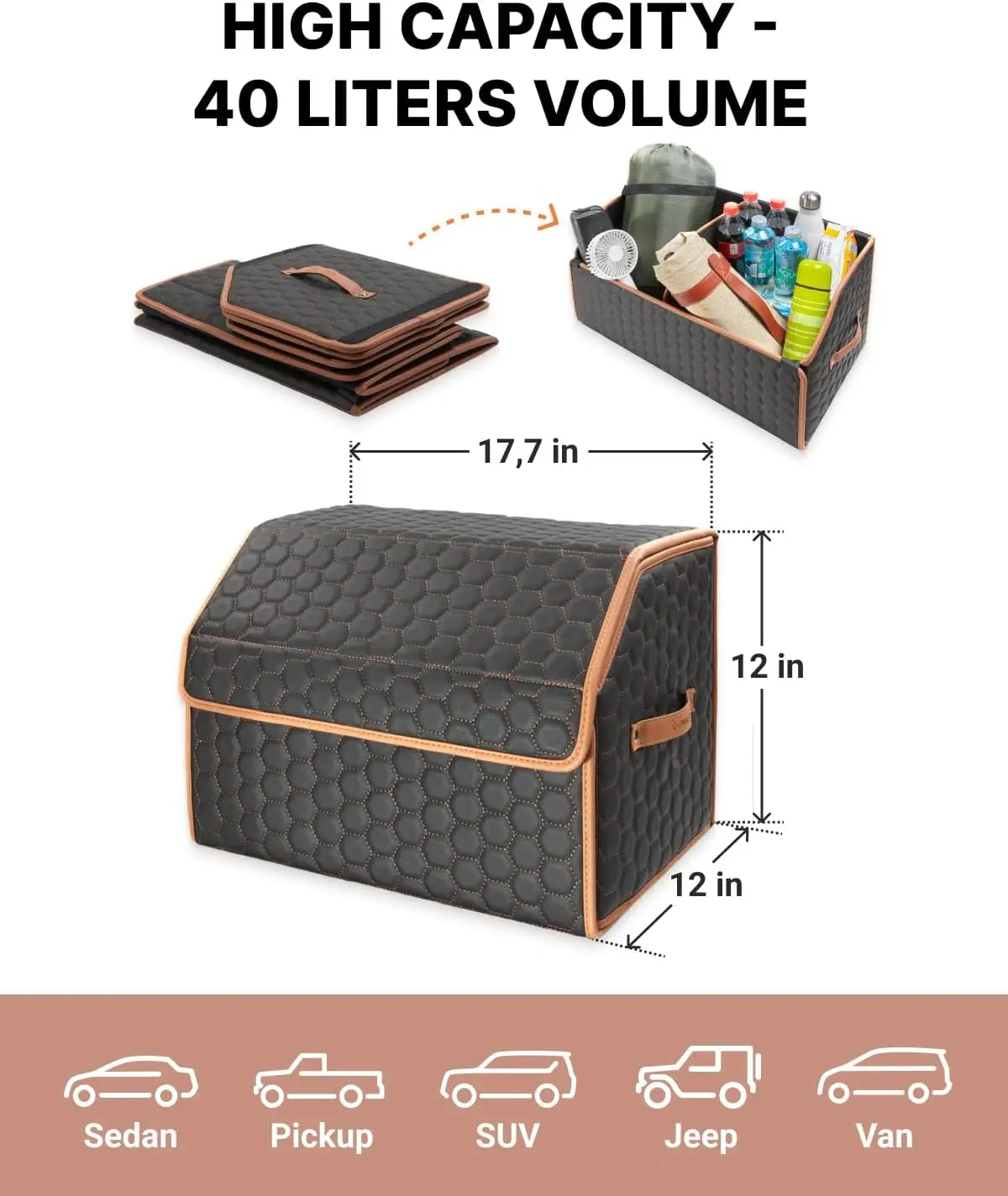 Foldable Car Trunk Organizer with Magnetic Lid, 17.7" Storage Tote for Groceries and Travel Gear in Black-Brown
