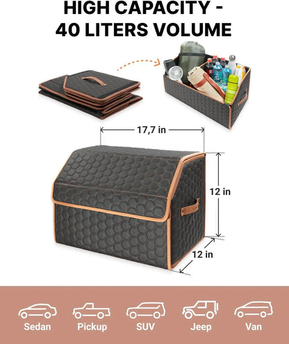 Foldable Car Trunk Organizer with Magnetic Lid, 17.7" Storage Tote for Groceries and Travel Gear in Black-Brown