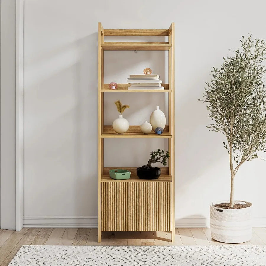 Mainstays Natural Teak Reeded 4‑Shelf Bookcase with Drawer Wooden Display Storage Bookshelf for Living Room Home Office