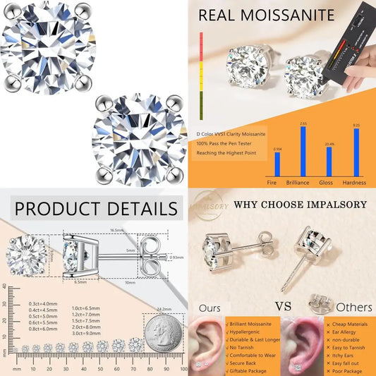 Lab Created Moissanite Earrings, 0.6 to 2 Carats, Brilliant Round Cut, 18K White Gold Plated Sterling Silver, Stud Design