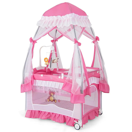 4-in-1 Portable Baby Playard with Canopy, Changing Table, Bassinet & Toys for Newborns to Toddlers in Hot Pink