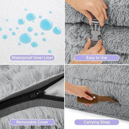 Foldable 3-in-1 Human Dog Bed with Orthopedic Foam, Waterproof Cover, and Soft Faux Fur - Grey