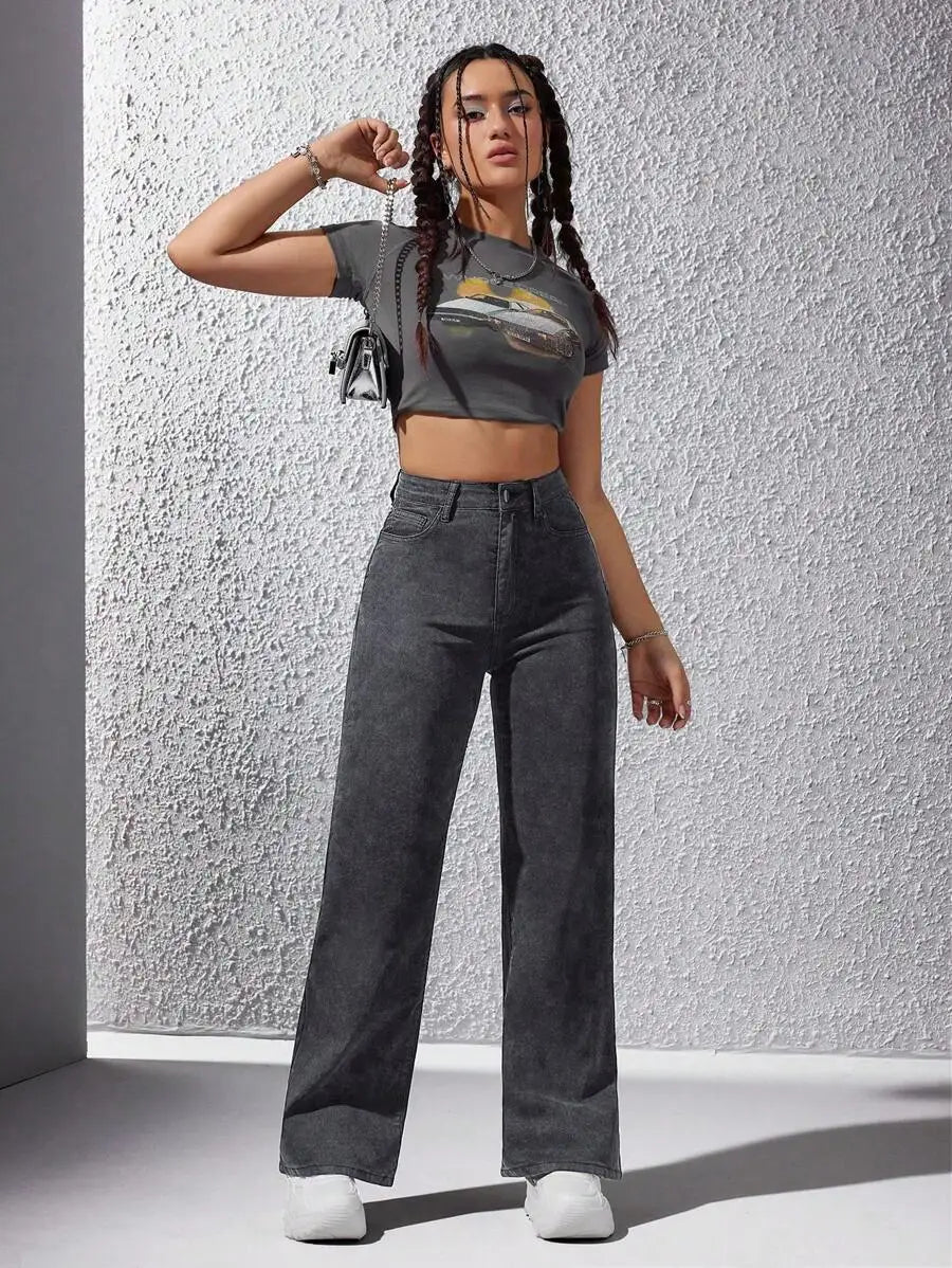 High Waist Wide Leg Washed Denim Jeans for Women - Casual Streetwear Style