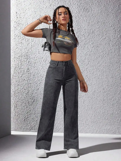 High Waist Wide Leg Washed Denim Jeans for Women - Casual Streetwear Style