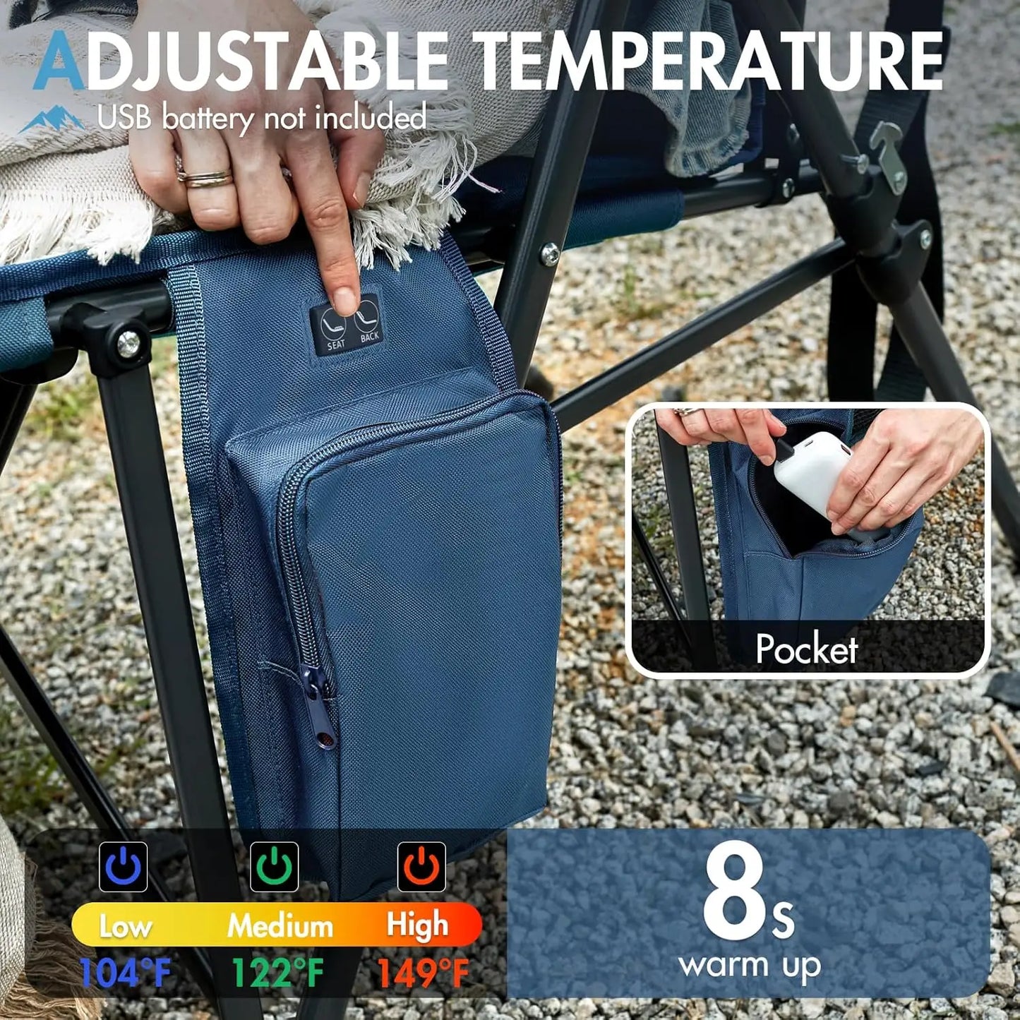 Heated Camping Chair with Adjustable Warmth, High Back Support, 400lbs Capacity, Portable Folding Design for Outdoor Sports