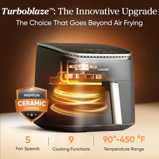 6 Qt TurboBlaze Air Fryer, Premium Coating, 90°–450°, Precise Heating, Roast, Bake, Broil, Dry, Frozen, Proof, Reheat, Keep Warm