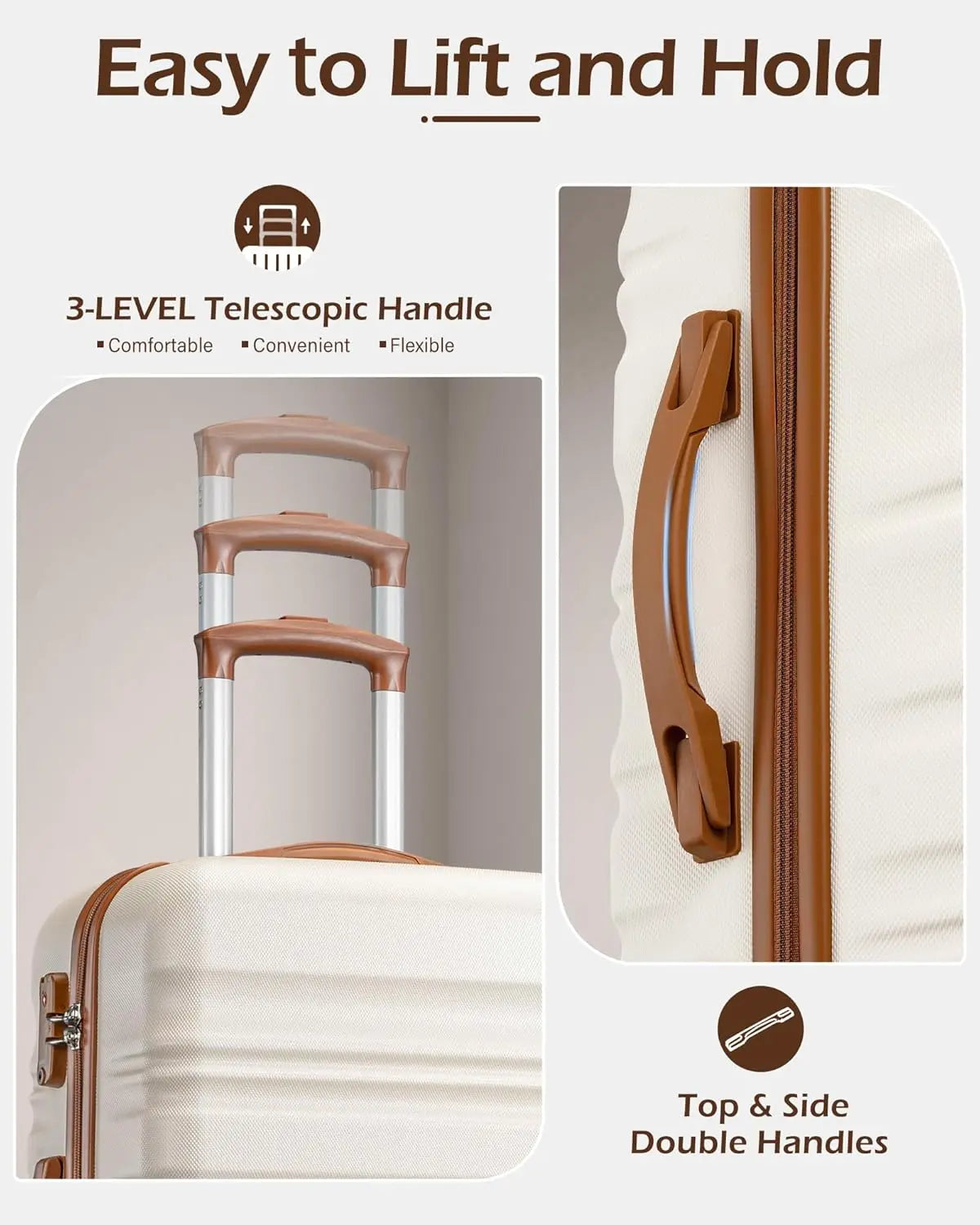 LONG VACATION 6 Piece Luggage Set Carry on Suitcase with ABS+PC hardshell, Spinner Wheels & YKK Zipper TSA Lock (BEIGE-BROWN