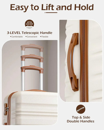 LONG VACATION 6 Piece Luggage Set Carry on Suitcase with ABS+PC hardshell, Spinner Wheels & YKK Zipper TSA Lock (BEIGE-BROWN