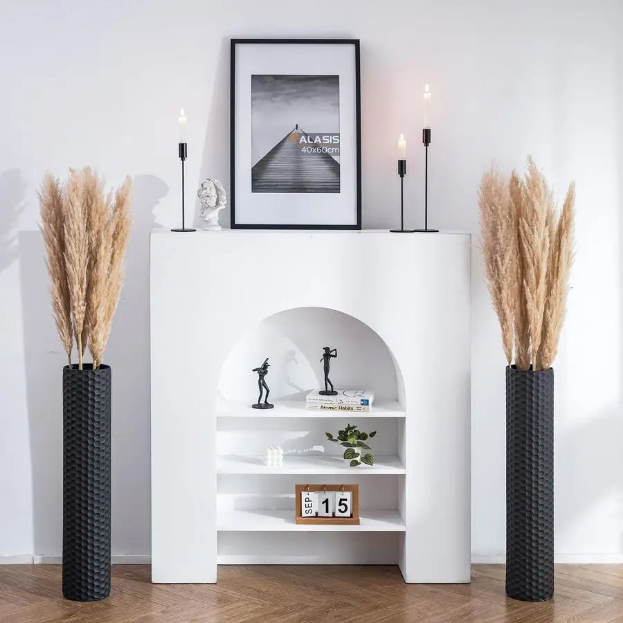 Black Tall Floor Vase 27.6in Metal Modern Cylinder Floor Vases for Fireplace with Honeycomb Texture Set of 2 Large Decorative V
