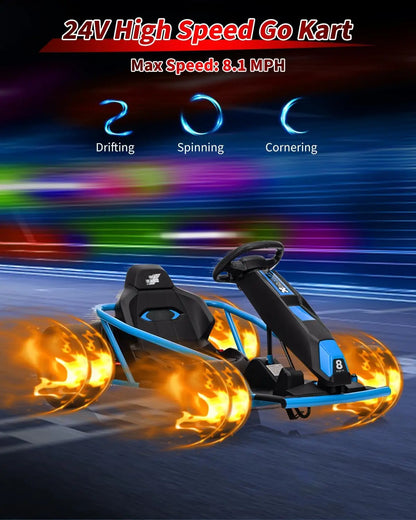 Ride On Go Kart for Kids, 24V 9Ah Battery 2x300W Motors MPH Fast Drifting Circling Car Electric Ride Toy Racing Toy for 8+ Years