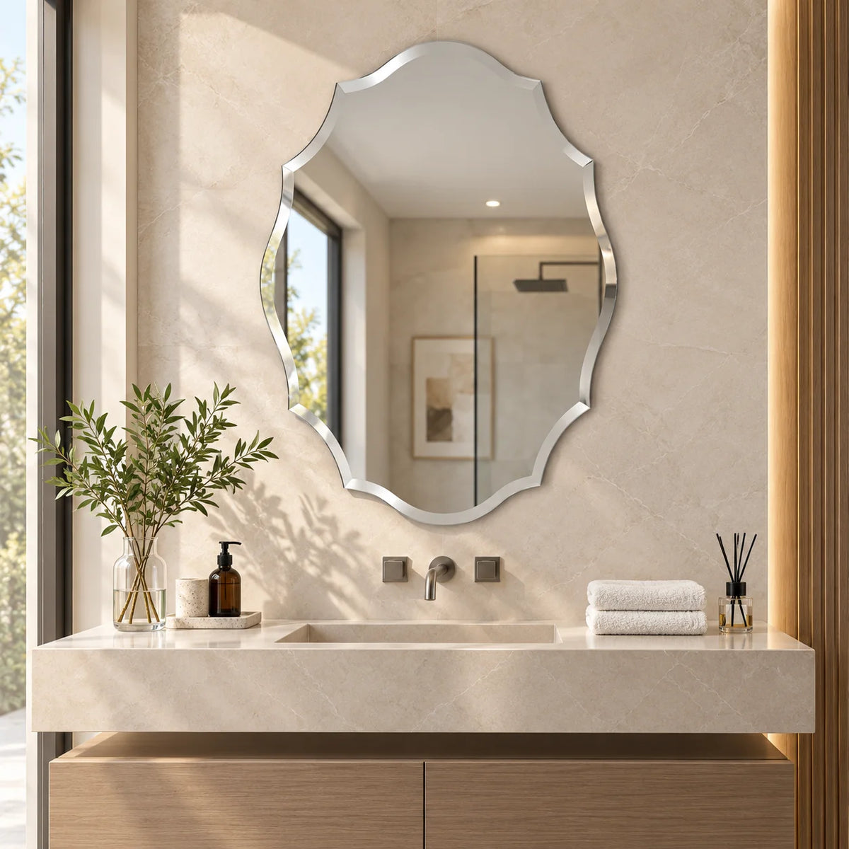 Irregular Wall Mirror Frameless Asymmetrical Decorative Vanity Mirror Wall Mounted for Bathroom Bedroom Living Room Hallway