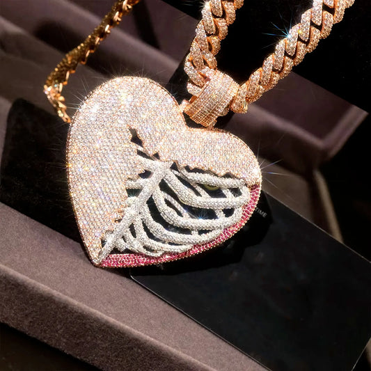 Iced Out Synthesis Zircon Broken Heart Skeleton Pendant, Two Tone Hip Hop Necklace, Men's Bling Gothic Jewelry for Gift Unique