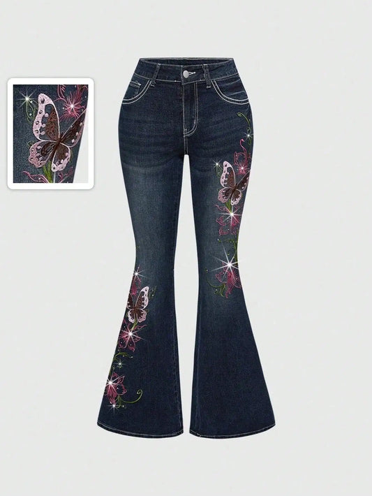 Women's Y2K Butterfly Embroidery Rhinestone Flare Jeans, Low Waist Denim with Floral Design