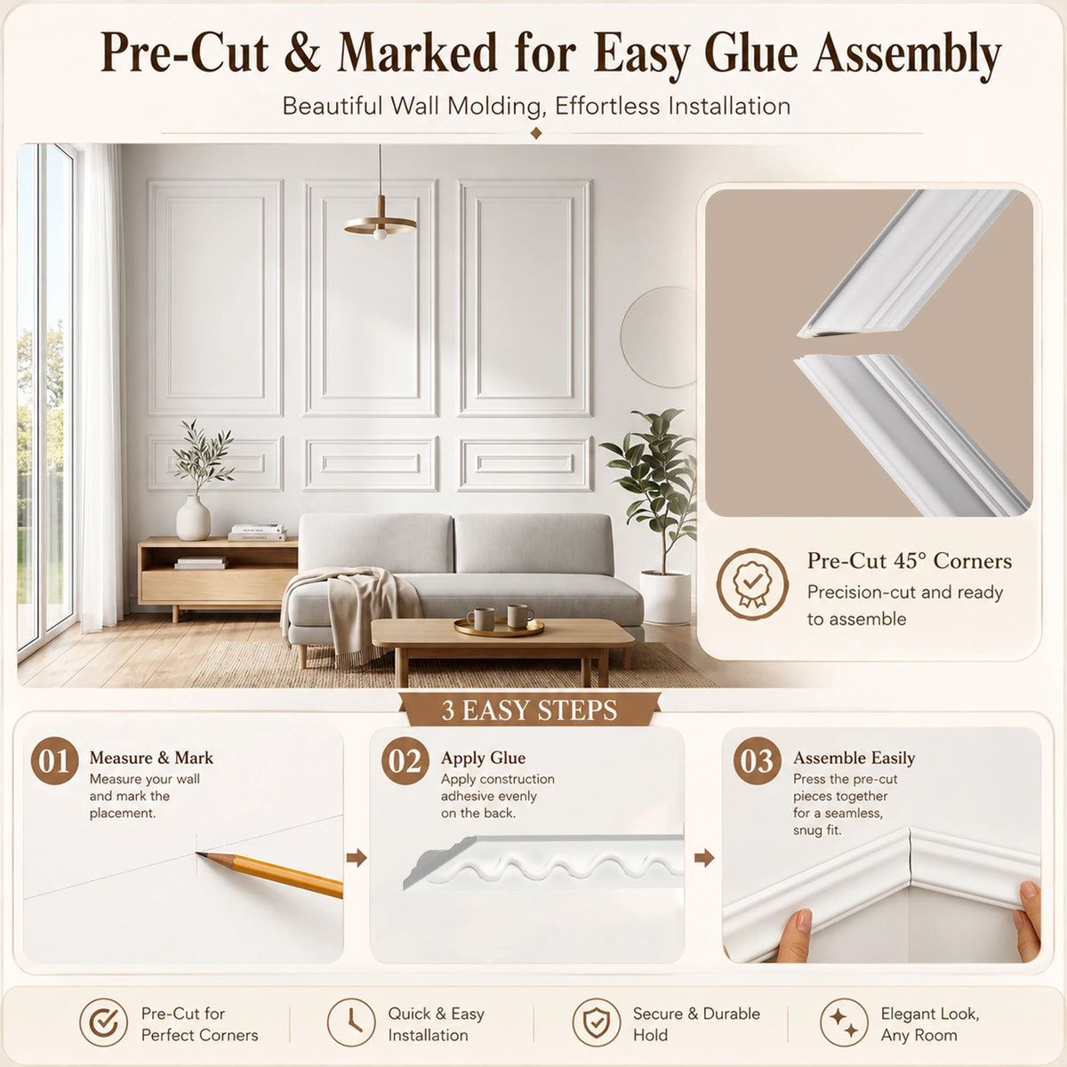 Wall Molding Kit Inner and Outer Layer Double Frame Style 3 Sets Pre-Cut Wainscoting Panels, Peel and Stick Self-Adhesive Accent Wall Trim, Ready-to-Assemble Wall Decor for Living Room Bedroom Office Apartment Dorm