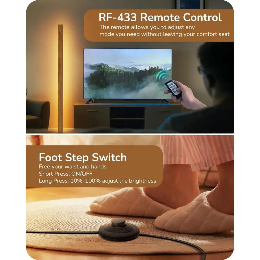 Mid Century Modern Floor Lamp with Remote, Dimmable Wood LED Corner Lamp, Minimalist Standing Mood Lighting for Living Room, Bed