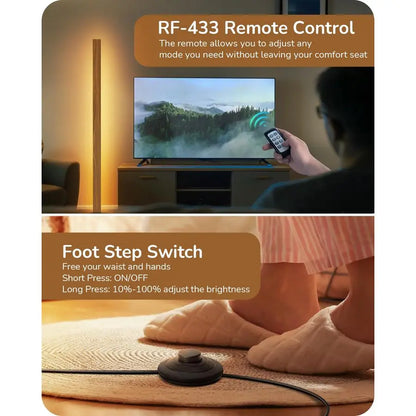 Mid Century Modern Floor Lamp with Remote, Dimmable Wood LED Corner Lamp, Minimalist Standing Mood Lighting for Living Room, Bed