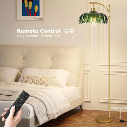 Mid Century Modern Glass Floor Lamp with Remote, Dimmable Gold Arc Light for Living Room, Bedroom, Vintage Retro Green Boho Styl