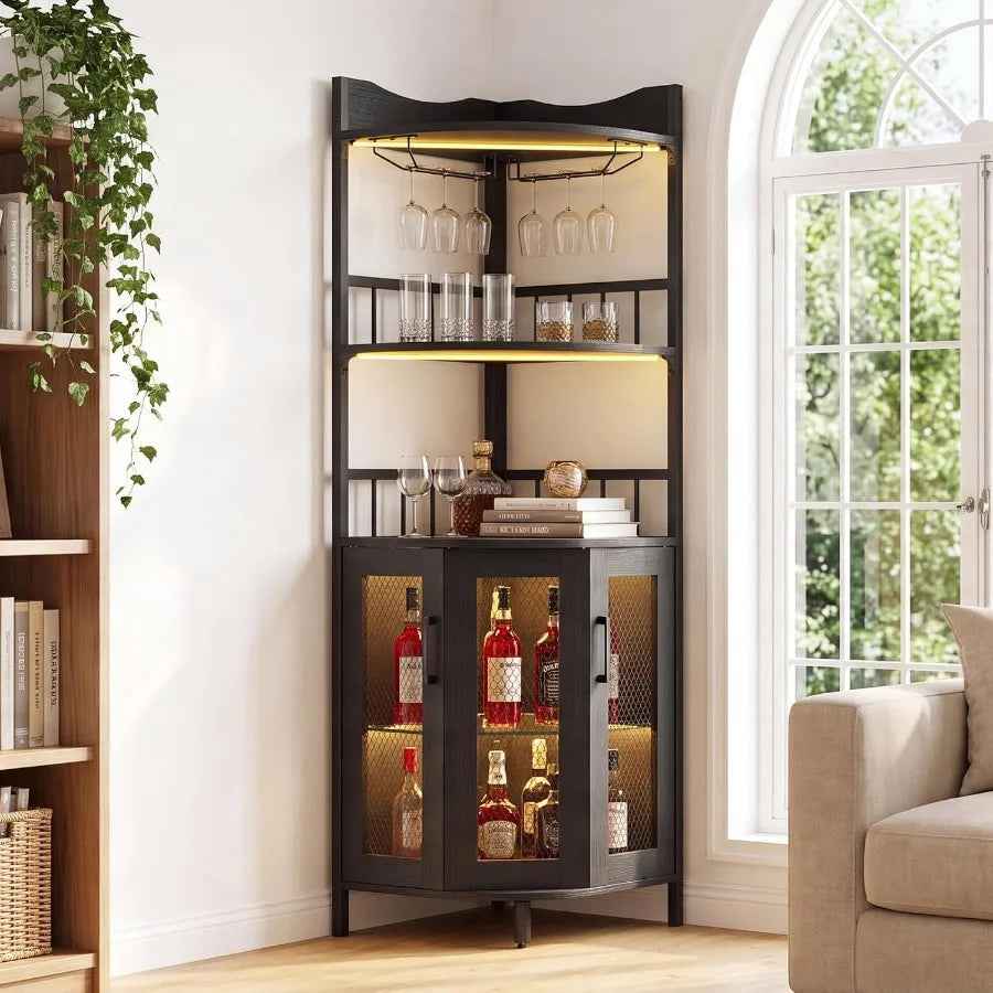 Corner Bar Cabinet, 5Tier Wine Cabinet with Power OutletsandLED Lights
