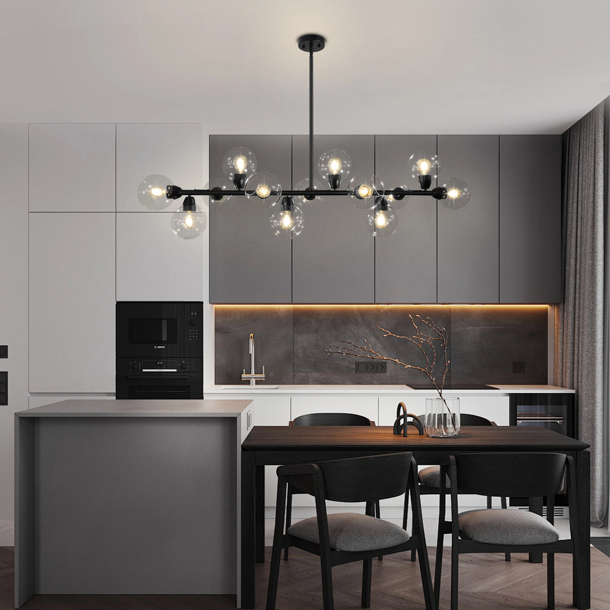 Modern Linear Chandelier Dimmable Glass Bubble Pendant Light Kitchen Living Dining Room Black Home Decor Hanging Lamp