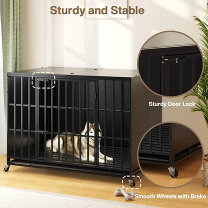 48/42 inch Heavy Duty Indestructible Dog Crate for High Anxiety Large Dogs Extra Large Steel Escape Proof Dog Kennel with Wheel