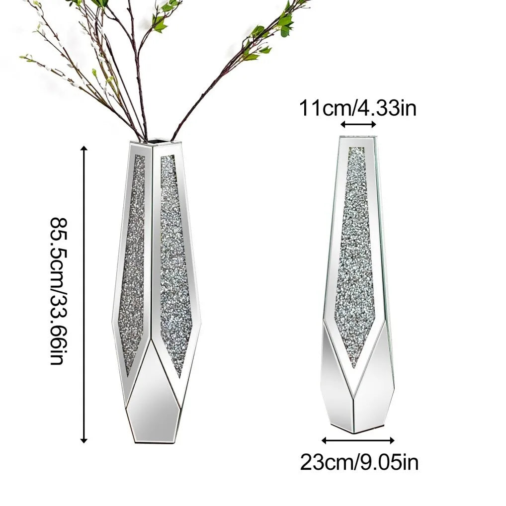 XL Floor Vase for for Dried Flower, 86cm Tall Sparkle Diamond Vase with Mirrored Bevelled Border, Open Base