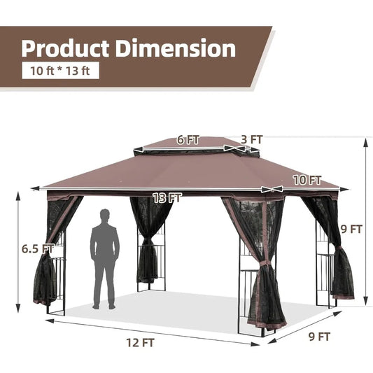 Outdoor Gazebo 10'x13', Heavy Duty Canopy Tent with Metal Corner Frame Shelves & Soft Double Roofs, Party Tent Shelter
