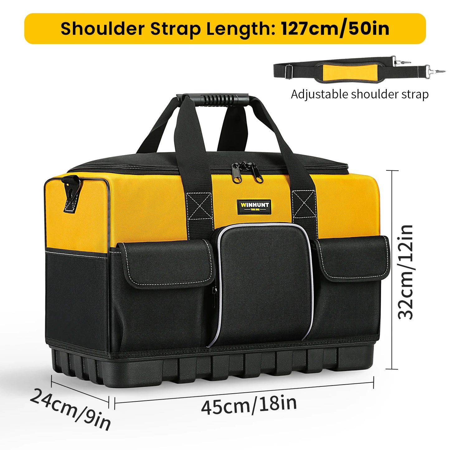 WINHUNT Tool Bag, 18-inch Tool Organisers, 600 Denier Large Tool Bag for Home DIY & Equipment Storage, Yellow and Black