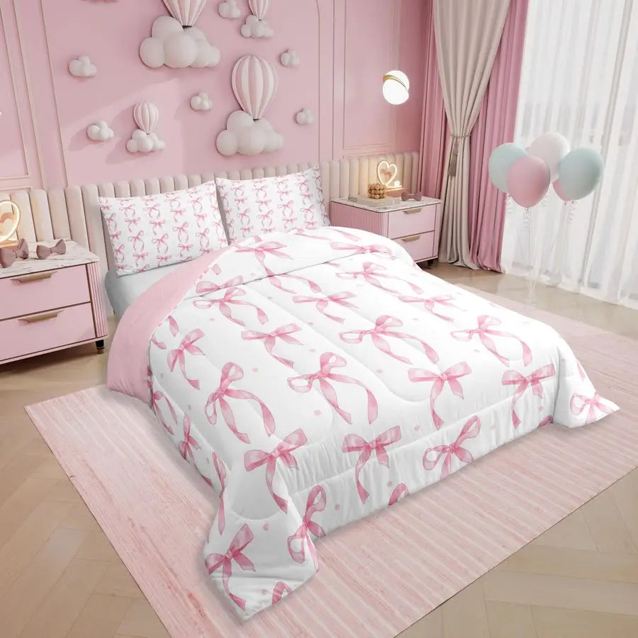 Cute Pink Bow Twin Bedding Set for Girls,Ribbon Bow Knot Comforter Set for Kids Kawaii Room Decor,Princess Bowknot Bed Set Girly