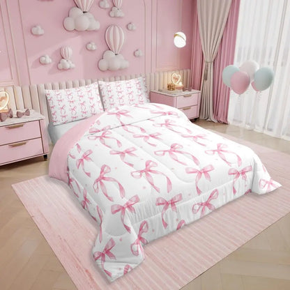 Cute Pink Bow Twin Bedding Set for Girls,Ribbon Bow Knot Comforter Set for Kids Kawaii Room Decor,Princess Bowknot Bed Set Girly
