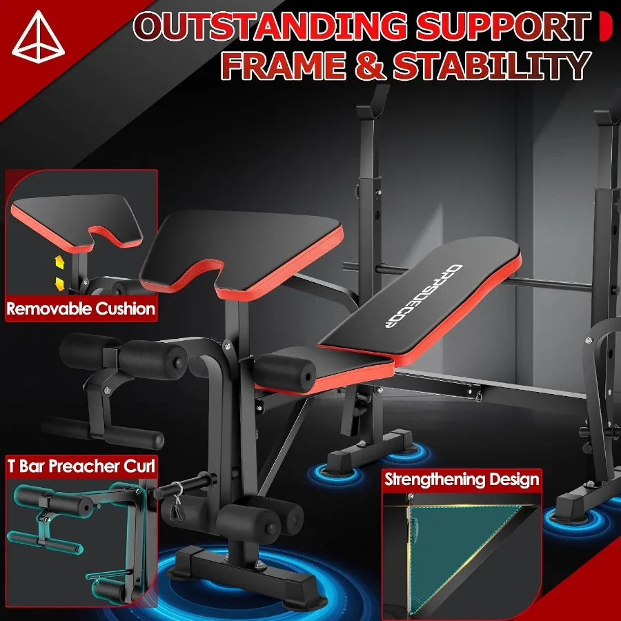 Weight Bench Set with Squat Rack, 900LBS Adjustable for Home Gym
