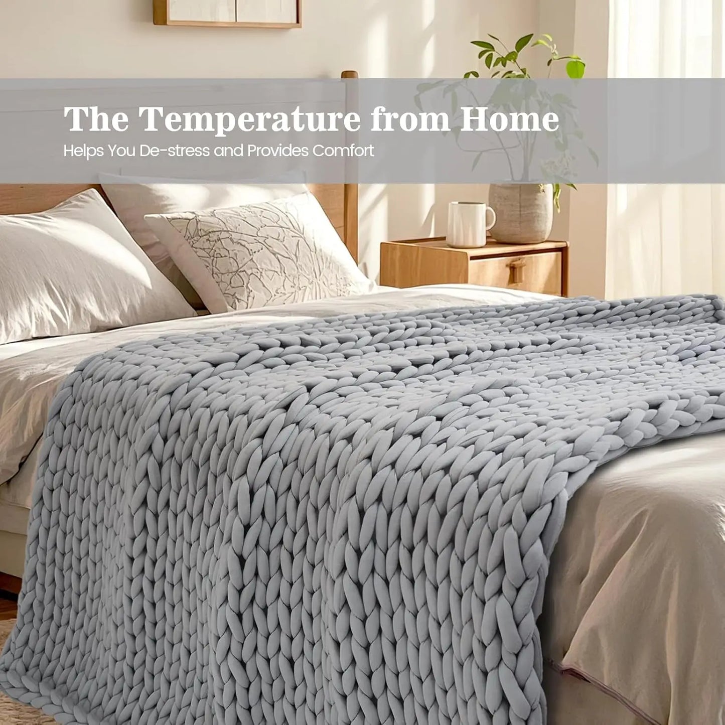 Hand-Knit Weighted Blanket for Adults, Chunky Knit Cooling Breathable Organic Cotton, 48x72 Inch 12lbs