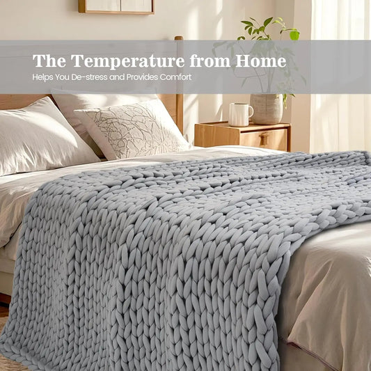 Hand-Knit Weighted Blanket for Adults, Chunky Knit Cooling Breathable Organic Cotton, 48x72 Inch 12lbs