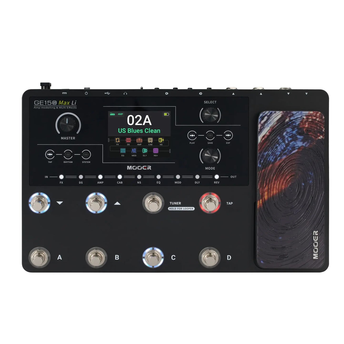 MOOER GE150 Max Li Guitar Multi Effects Pedal 55 Amp Models 200 Presets 9H Battery IR Loader 4 Footswitches for Live Performance