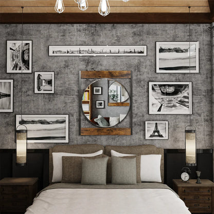 LUVODI Industrial Retro Decorative Wall Mirror Round Accent Mirror with Square Wood Frame for Wall Decor