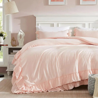 Blush Pink Comforter Set Queen, 3Pcs Comforters Queen Size Ruffle Farmhouse Bedding Sets Queen with Comforter, Lightweight Soft