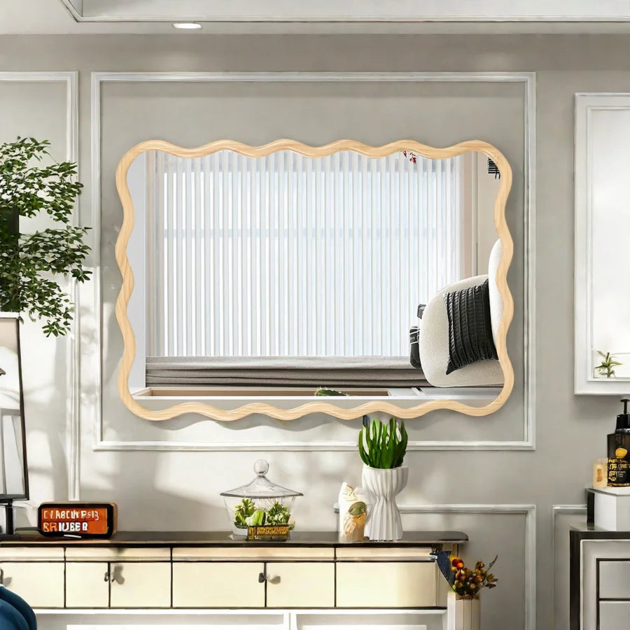 Solid Wood Wavy Rectangle Mirror-Natural-Wood 40" x 28" Modern Mirror Wall Decor for Bathroom Bedroom Living Room Dining Room C