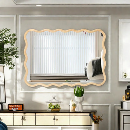 Solid Wood Wavy Rectangle Mirror-Natural-Wood 40" x 28" Modern Mirror Wall Decor for Bathroom Bedroom Living Room Dining Room C