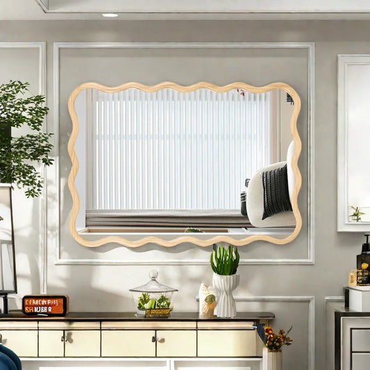 Solid Wood Wavy Rectangle Mirror-Natural-Wood 40" x 28" Modern Mirror Wall Decor for Bathroom Bedroom Living Room Dining Room C