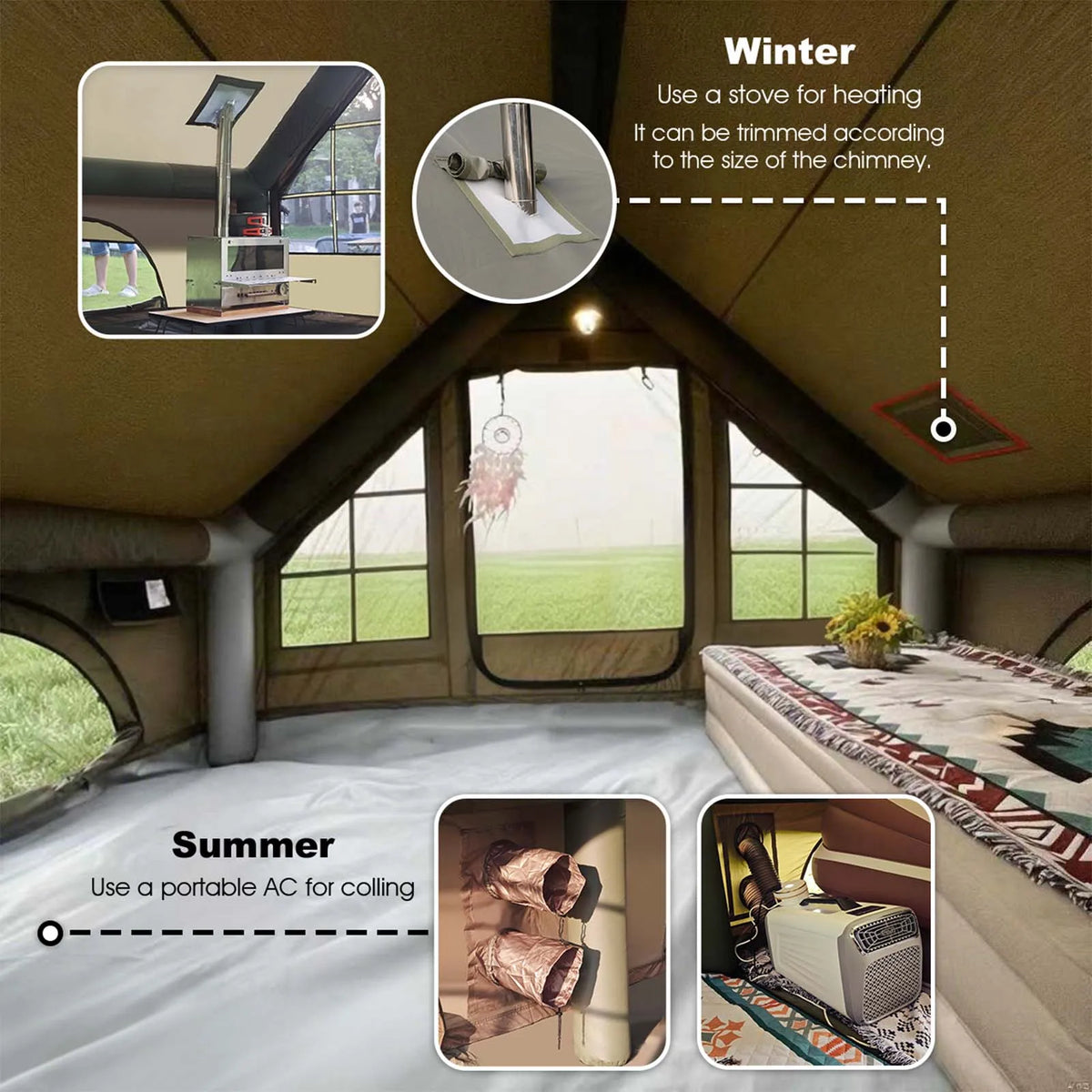 SENLEETO 129 Square Feet Inflatable Glamping Tent 4-8 Person for Camping with Waterproof Mat,4 Season Blow up Tent with Stove Jack&AC Vent,Easy Setup Air Tent with High Pressure Pump