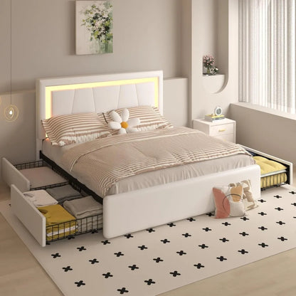 Full Bed Frame with 4 Storage Drawers and Adjustable Headboard, Upholstered Platform Bed with LED Lights and USB Ports, Solid Wo