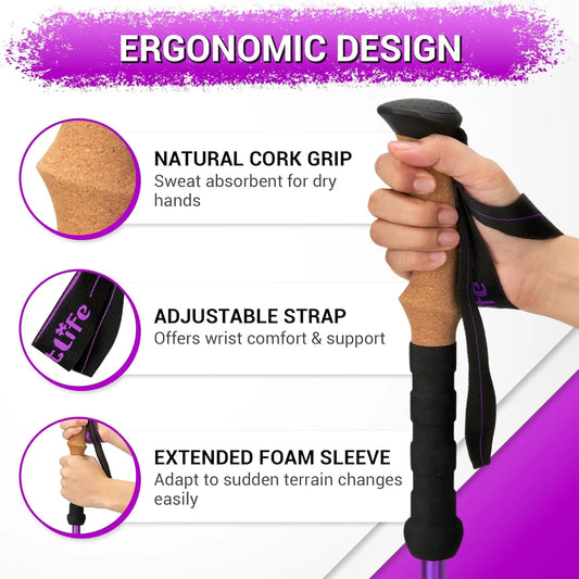 Lightweight Aluminum Trekking Poles with Cork Grips, Adjustable Telescopic Design for Hiking, Walking & Camping