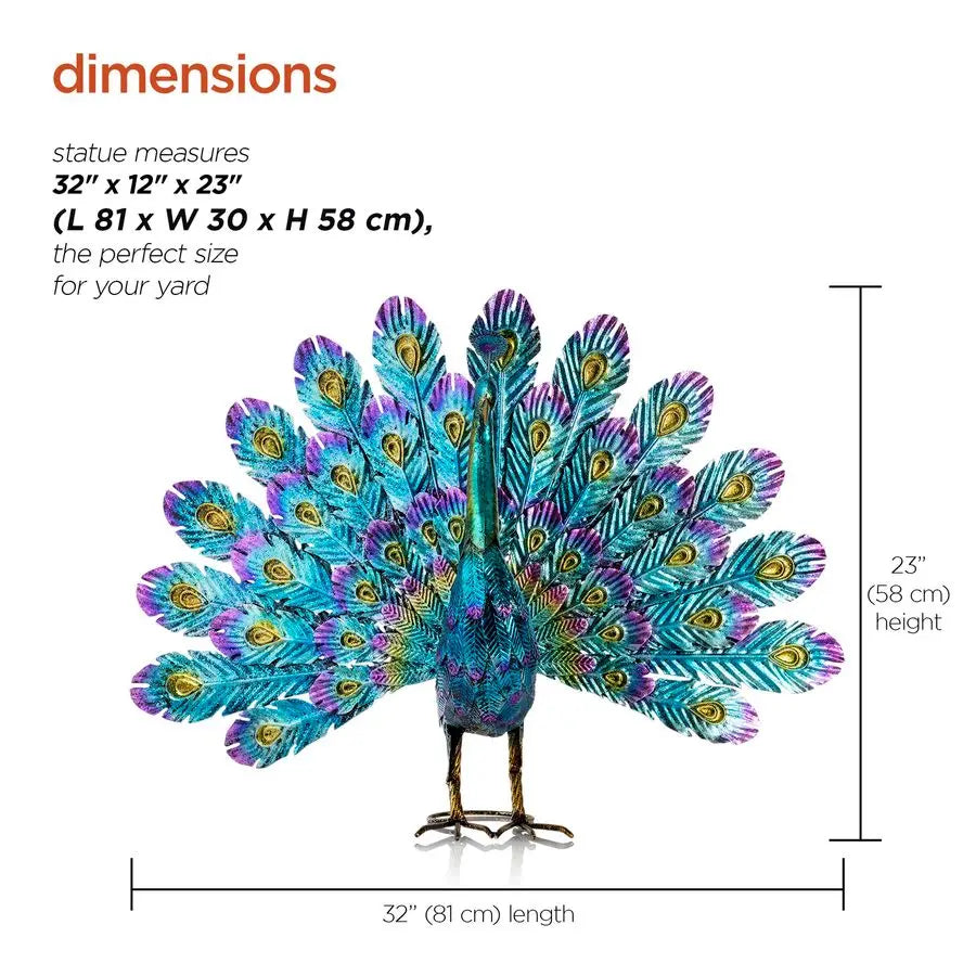 23 Tall Outdoor Metallic Peacock Tail Spread Yard Statue, Vibrant Garden Sculpture for Patio, Lawn, or Entryway, Multicolor