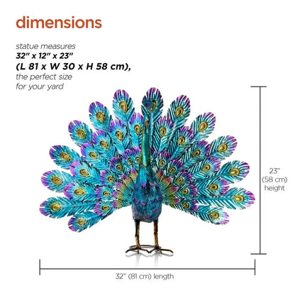 23 Tall Outdoor Metallic Peacock Tail Spread Yard Statue, Vibrant Garden Sculpture for Patio, Lawn, or Entryway, Multicolor