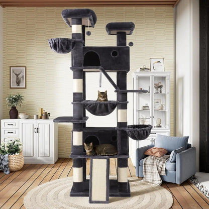 81-Inch Multi-Level Cat Tree Tower with Hammock, Scratching Posts, and Wide Base for Indoor Cats - Dark Grey
