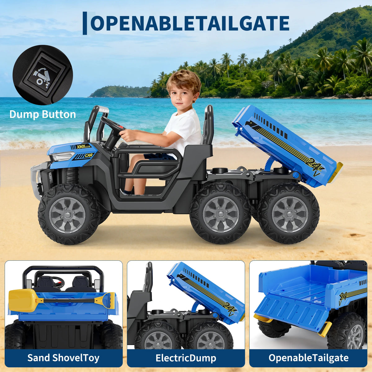24V Kids Electric Ride On Dump Truck 2 Seater 4WD 6 Wheel Remote Control Car With Dump Bed Bluetooth Music LED Lights 2 Speeds