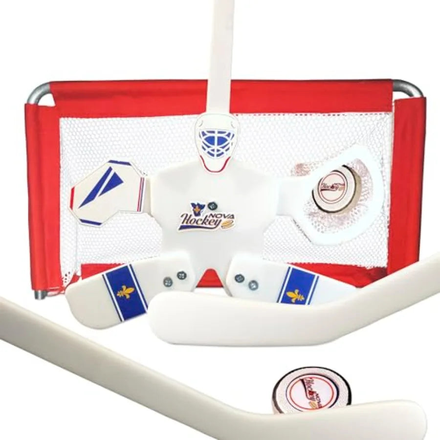 Nova Hockey Complete Set Table/Floor Hockey Game Goalie Net with 1 Puck and 2 Sticks in White for Indoor Outdoor Use