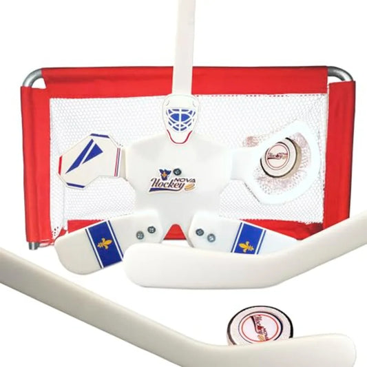 Nova Hockey Complete Set Table/Floor Hockey Game Goalie Net with 1 Puck and 2 Sticks in White for Indoor Outdoor Use