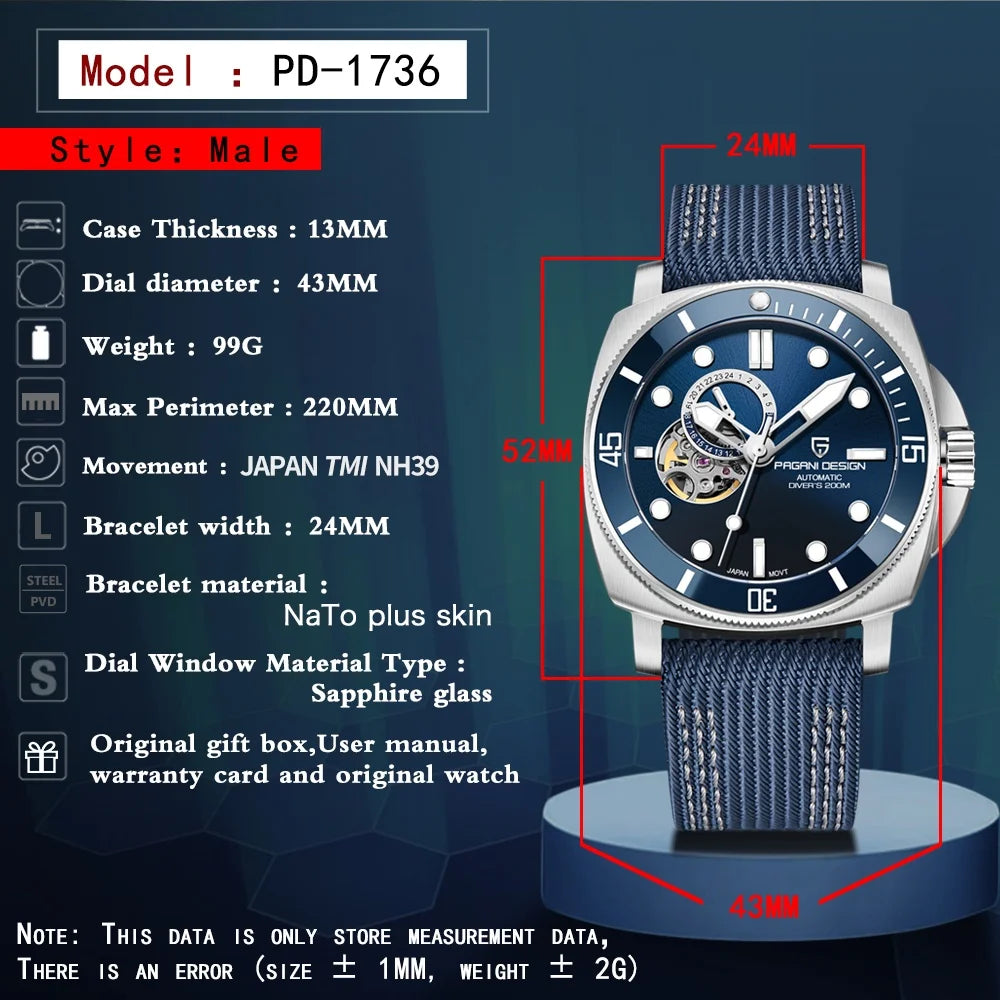 PAGANI DESIGN Top Brand Mechanical Tourbillon Men watch Japan Movt 24-hour Display Luxury Watch Sapphire Luminous Dive Man watch