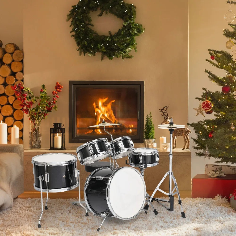 5-Piece Junior Drum Set, 14" x 10" Percussion Child Kit with Stool & Stands