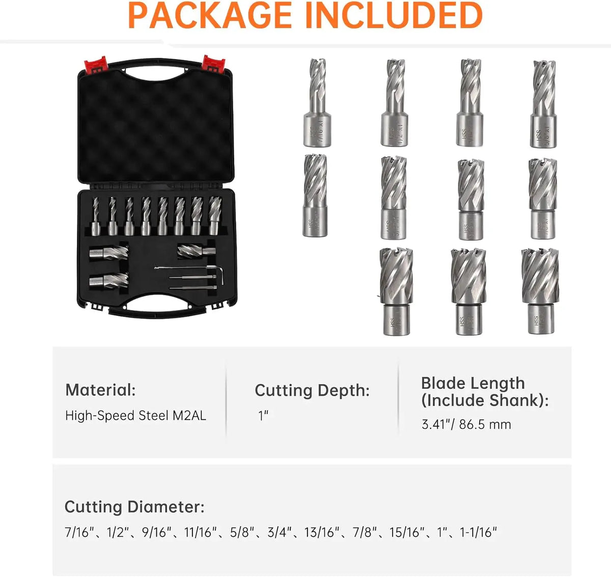 13-Piece Annular Cutter Set – 1" Cutting Depth, 7/16" to 1-1/16" Cutting Diameter, with Pilot Pin & Portable Case, Universal Shank for Magnetic Drill Press